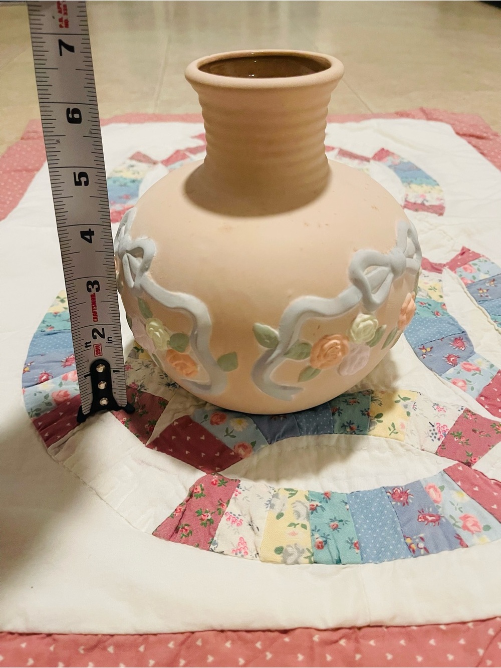 Brand new in box vintage terracotta vase with floral and bow design